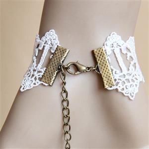 Vintage White Lace Wristband Pearl Metal Leaf Bracelet with Ring J17873