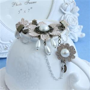 Vintage Style Beige Floral Embroidery Pearl Bracelet with Ring J17999