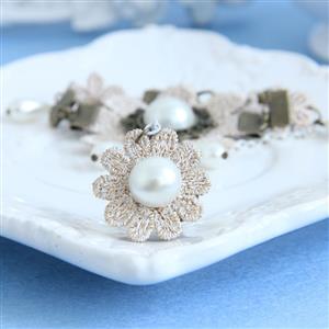 Vintage Style Beige Floral Embroidery Pearl Bracelet with Ring J17999