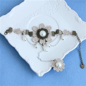 Vintage Style Beige Floral Embroidery Pearl Bracelet with Ring J17999