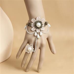 Vintage Style Beige Floral Embroidery Pearl Bracelet with Ring J17999