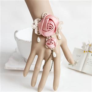 Victorian Vintage Style Bracelet, Vintage Bracelet for Women, Vintage Style Beige Embroidery Bracelet, Cheap Wristband, Victorian Style Rose Bracelet, Fashion Bride Bracelet with Ring, #J17919