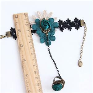 Vintage Style Blue Flower Embroidery Rose Bracelet with Ring J17920