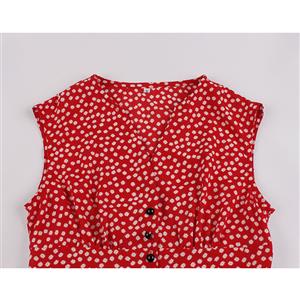 Vintage V Neck Sleeveless Front Button Small White Flowers High Waist Summer Midi Dress N20439
