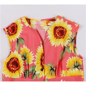 Vintage Rockabilly Sunflower Print V Neck Front Button Sleeveless Cocktail Party Swing Dress N22074