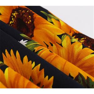 Vintage Sunflower Pattern Deep V-neck Short Sleeve Slim Waist A-Line Swing Dress N19978
