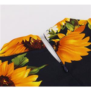 Vintage Sunflower Pattern Deep V-neck Short Sleeve Slim Waist A-Line Swing Dress N19978