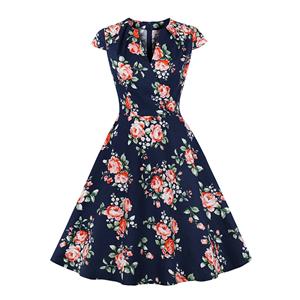 Vintage Floral Print Surplice Neckline Cap Sleeve High Waist Cocktail Party Swing Dress N22112