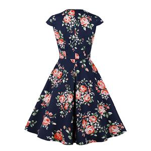 Vintage Floral Print Surplice Neckline Cap Sleeve High Waist Cocktail Party Swing Dress N22112