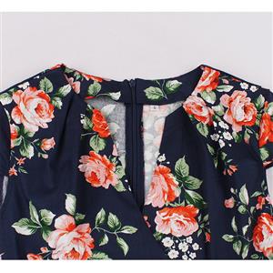 Vintage Floral Print Surplice Neckline Cap Sleeve High Waist Cocktail Party Swing Dress N22112