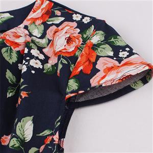 Vintage Floral Print Surplice Neckline Cap Sleeve High Waist Cocktail Party Swing Dress N22112