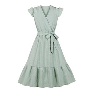 Fashion Surplice Neckline Flutter Sleeve Sash High Waist Ruffle Hem Daily Swing Dress N21859