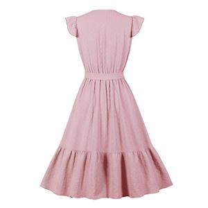 Fashion Surplice Neckline Flutter Sleeve Sash High Waist Ruffle Hem Daily Swing Dress N22057