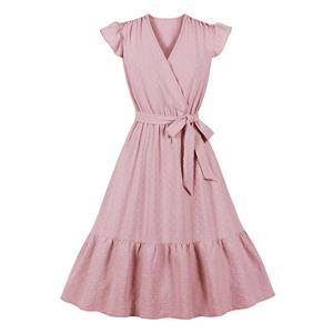 Fashion Surplice Neckline Flutter Sleeve Sash High Waist Ruffle Hem Daily Swing Dress N22057