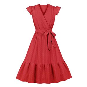 Fashion Surplice Neckline Flutter Sleeve Sash High Waist Ruffle Hem Daily Swing Dress N22058