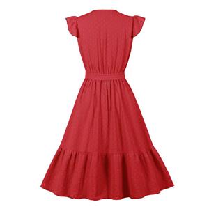 Fashion Surplice Neckline Flutter Sleeve Sash High Waist Ruffle Hem Daily Swing Dress N22058