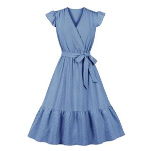 Fashion Surplice Neckline Flutter Sleeve Sash High Waist Ruffle Hem Daily Swing Dress N22060