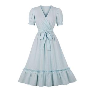Vintage Solid Color Surplice Neckline Puff Sleeve Sash High Waist Ruffle Hem Swing Dress N21858