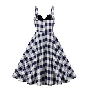 1950s Vintage Checkered Sweetheart and Bowknot Bodice Straps Summer Party Swing Dress N22249