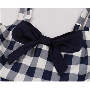 1950s Vintage Checkered Sweetheart and Bowknot Bodice Straps Summer Party Swing Dress N22249