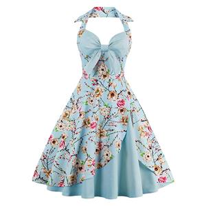 1950's Vintage Sky Blue Sweetheart Floral Print Halter Cocktail Swing Dress N12797