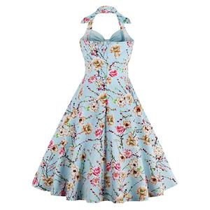 1950's Vintage Sky Blue Sweetheart Floral Print Halter Cocktail Swing Dress N12797