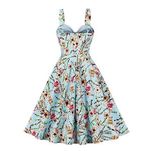1950s Vintage Sweetheart and Bowknot Bodice Floral Print Straps Cocktail Swing Dress N22050