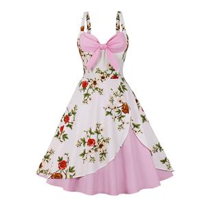 1950s Vintage Sweetheart and Bowknot Bodice Floral Print Straps Cocktail Swing Dress N22051