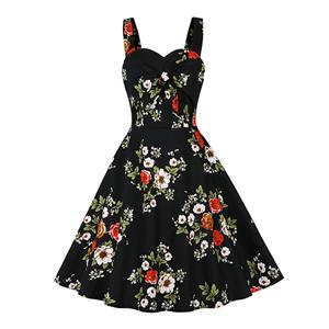 1950s Retro Sweetheart and Bowknot Bodice Floral Print Straps Summer Swing Dress N22053