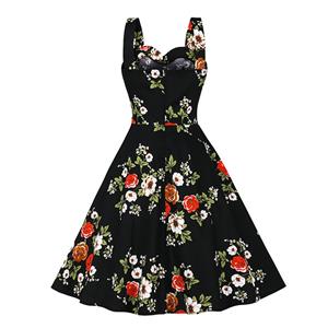 1950s Retro Sweetheart and Bowknot Bodice Floral Print Straps Summer Swing Dress N22053