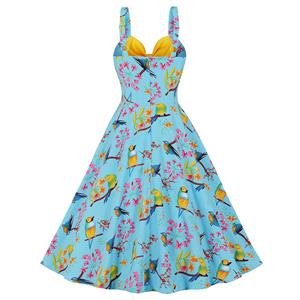 1950s Vintage Sweetheart and Bowknot Bodice Floral Print Straps Cocktail Swing Dress N22070