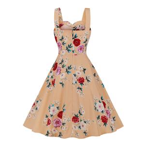 1950s Retro Sweetheart and Bowknot Bodice Floral Print Straps Summer Swing Dress N22072
