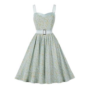 Retro Spaghetti Straps Sweetheart Elastic Bodice Floral Print Summer Swing Dress with Belt N22095