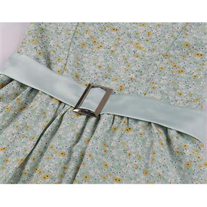Retro Spaghetti Straps Sweetheart Elastic Bodice Floral Print Summer Swing Dress with Belt N22095