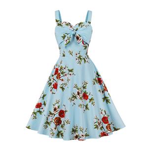 1950s Retro Straps Sweetheart Bowknot Bodice Floral Print High WAIST Summer A-line Dress N22096