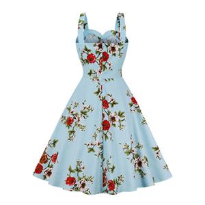 1950s Retro Straps Sweetheart Bowknot Bodice Floral Print High WAIST Summer A-line Dress N22096