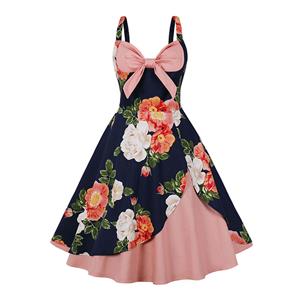 1950s Vintage Sweetheart and Bowknot Bodice Floral Print Straps Cocktail Swing Dress N22243