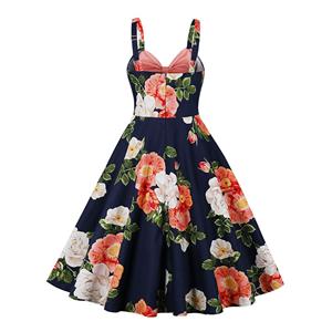1950s Vintage Sweetheart and Bowknot Bodice Floral Print Straps Cocktail Swing Dress N22243
