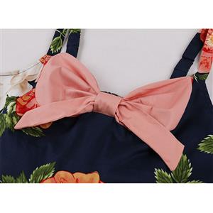 1950s Vintage Sweetheart and Bowknot Bodice Floral Print Straps Cocktail Swing Dress N22243