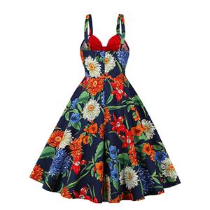 1950s Retro Sweetheart and Bowknot Bodice Floral Print Straps Cocktail Party Swing Dress N22244