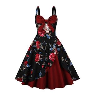 1950s Retro Sweetheart and Bowknot Bodice Floral Print Straps Cocktail Party Swing Dress N22245