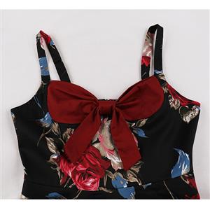 1950s Retro Sweetheart and Bowknot Bodice Floral Print Straps Cocktail Party Swing Dress N22245