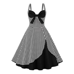 1950s Vintage Houndstooth Sweetheart and Bowknot Bodice Straps Summer Party Swing Dress N22250