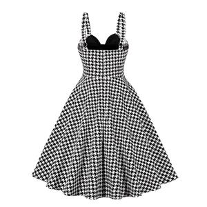1950s Vintage Houndstooth Sweetheart and Bowknot Bodice Straps Summer Party Swing Dress N22250