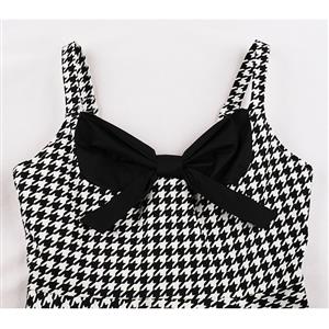 1950s Vintage Houndstooth Sweetheart and Bowknot Bodice Straps Summer Party Swing Dress N22250