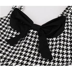 1950s Vintage Houndstooth Sweetheart and Bowknot Bodice Straps Summer Party Swing Dress N22250