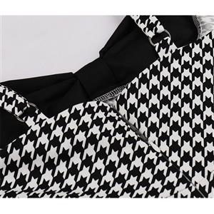 1950s Vintage Houndstooth Sweetheart and Bowknot Bodice Straps Summer Party Swing Dress N22250