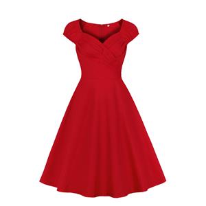 Vintage Red Sweetheart Neckline Cap Sleeves High Waist Cocktail Party Swing Dress N21341