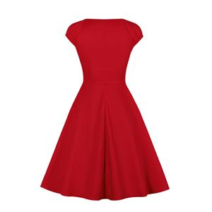 Vintage Red Sweetheart Neckline Cap Sleeves High Waist Cocktail Party Swing Dress N21341