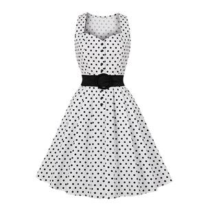 Vintage Sweetheart Neckline Button Bodice Polka Dots Sleeveless Belted Cocktail Midi Dress N21842